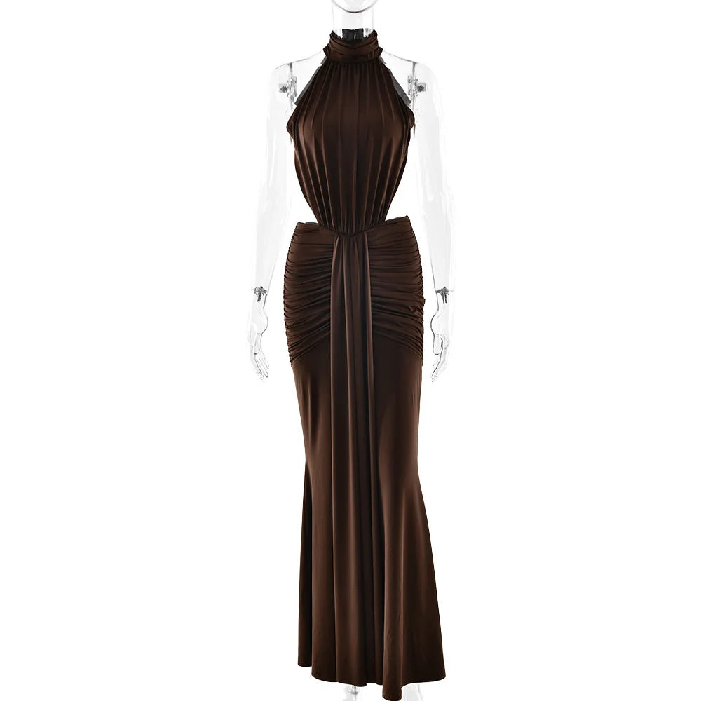 Turtleneck Backless Maxi Dress Women Gown Off-shoulder Sleeveless Ruched Bodycon Sexy Dress Female Pleated Club Party Long Dress