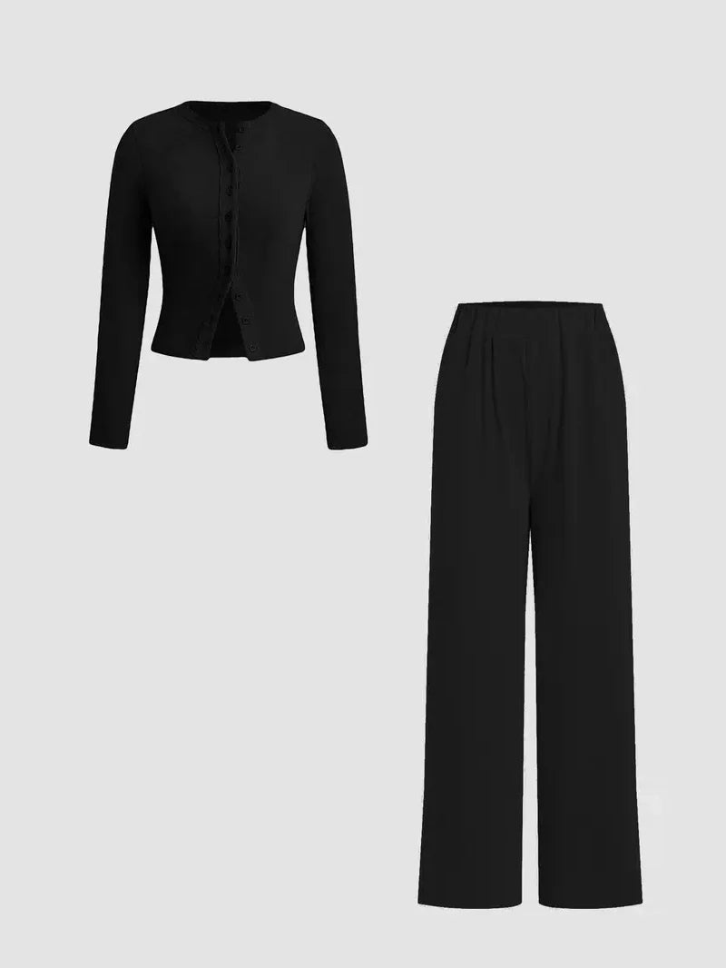 Women's 2 Piece Set Ribbed Long Sleeve T-Shirt & Wide Leg Pants, Casual Fall Winter, Ladies Fashion Clothing