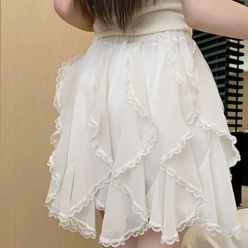 Women's Tutu Tulle Skirt Asymmetrica Chiffon Korean Version Elastic Waist Knee-Length Lace Splicing Layered Puffy Cake Skirt