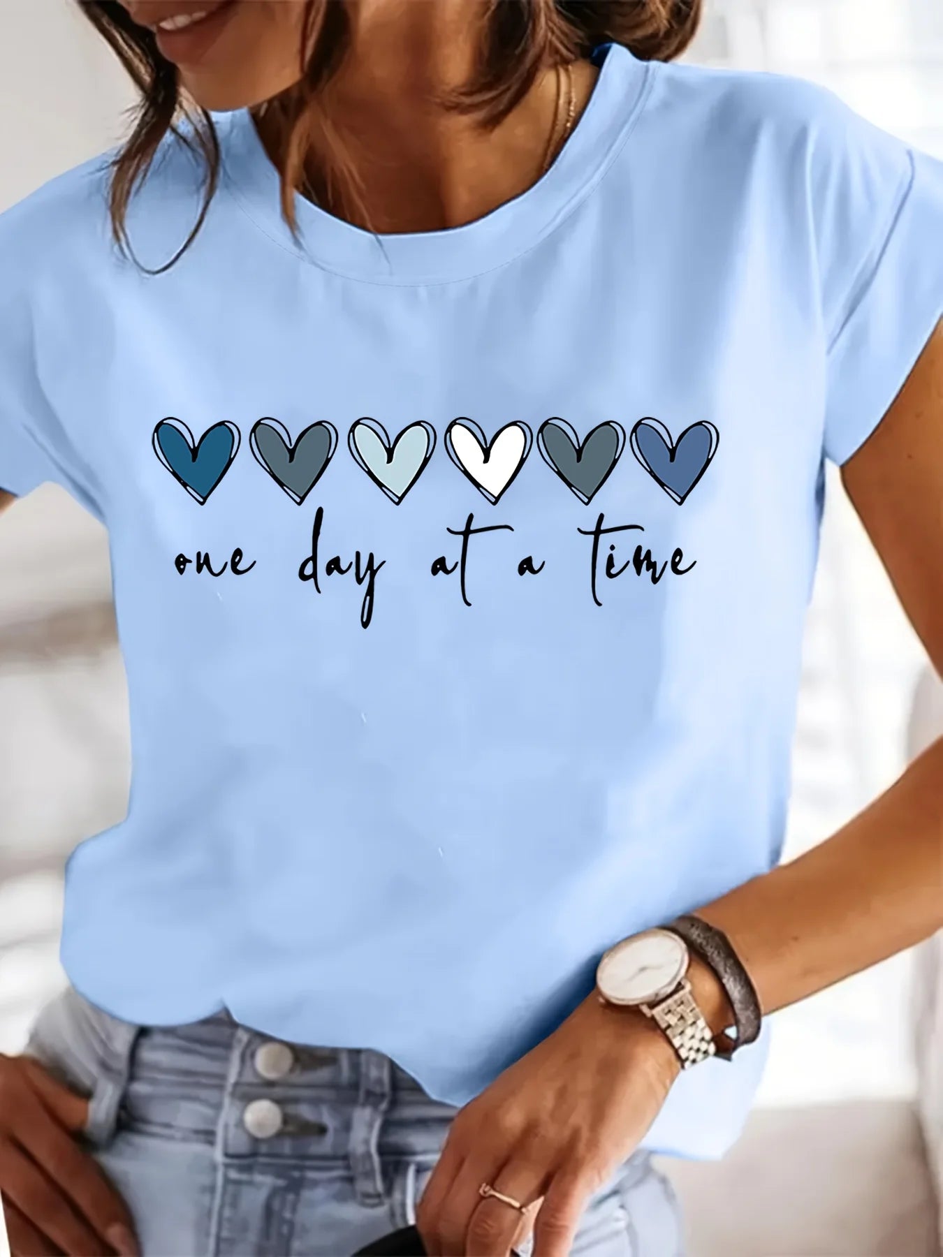 Women'S Casual Graphic T-Shirt - It'S One Day at a Time Heart Print, Short Sleeve Round Neck Top for Spring & Summer
