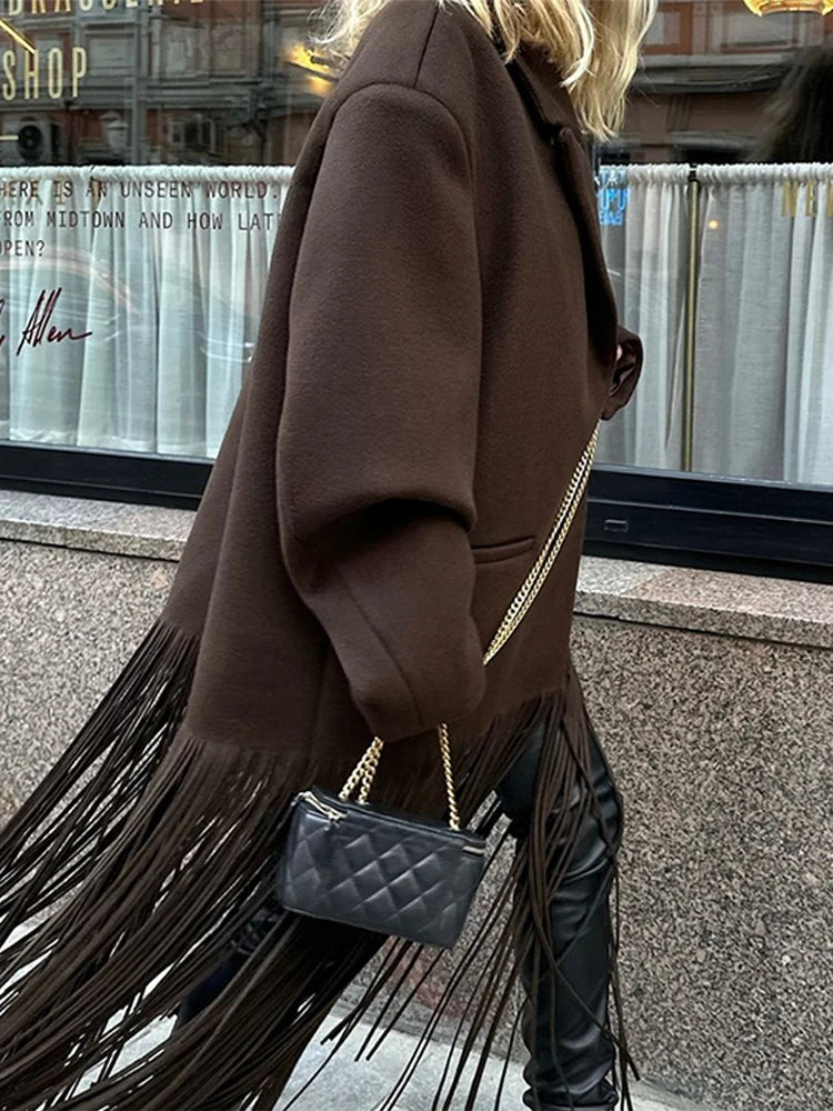 Vintage Tassel Solid Suit Trench Women Casual Lapel Single Button Long Tassels Jackets Coat Female Winter Chic Design Outwear