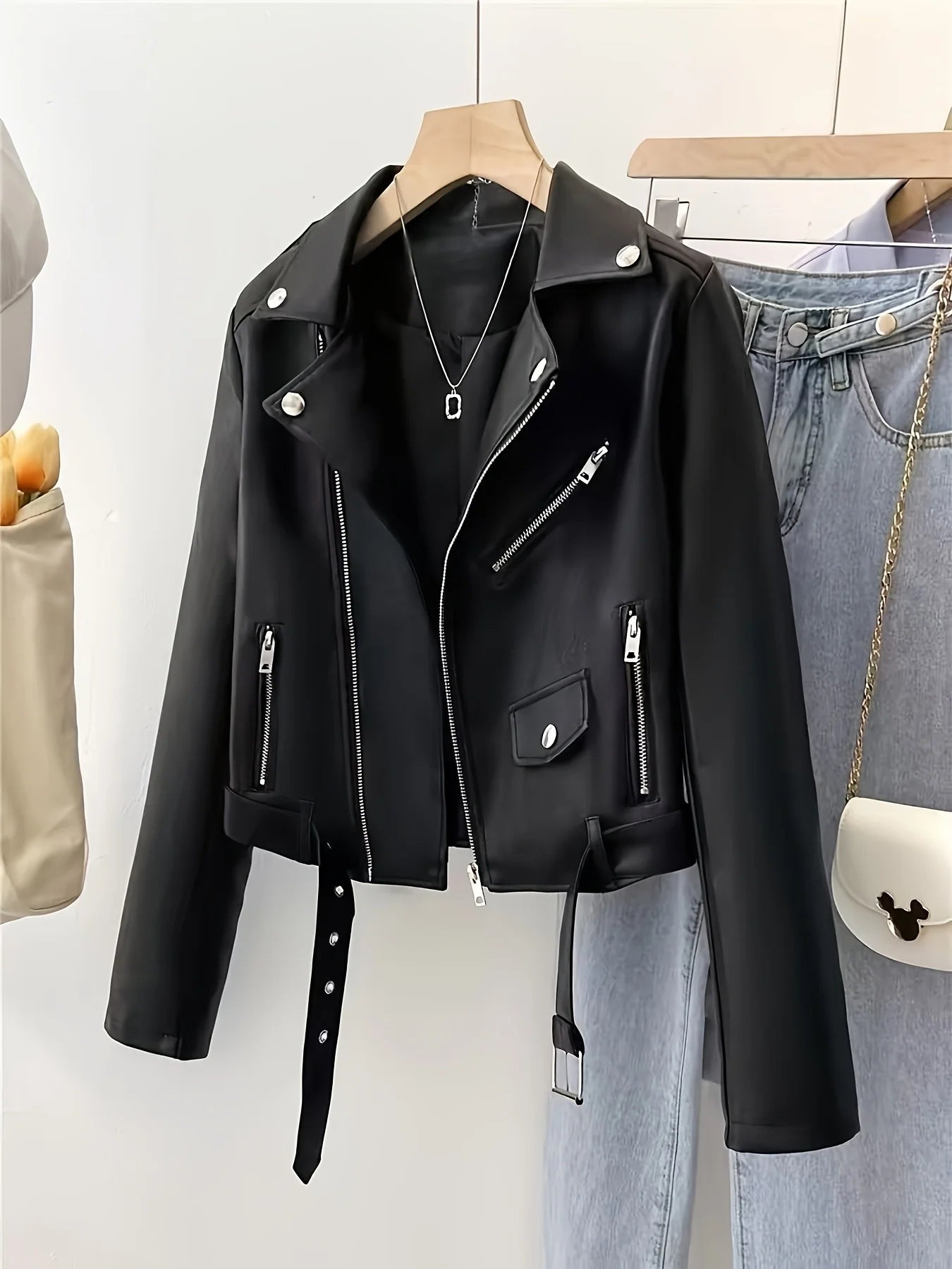 Spring and Autumn Women's Short American Retro Pu Motorcycle Leather Slim Jacket