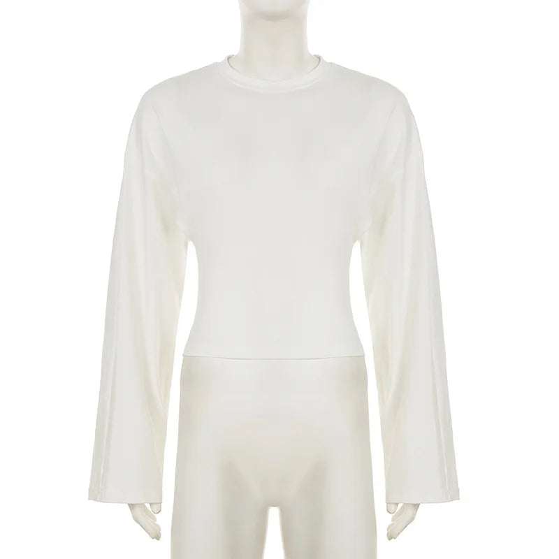 2026 Women Solid O-Neck T-Shirts Front Shoulder Wide Long Sleeve Cinched Waist Slim Top Female Casual Simple Versatile tshirts