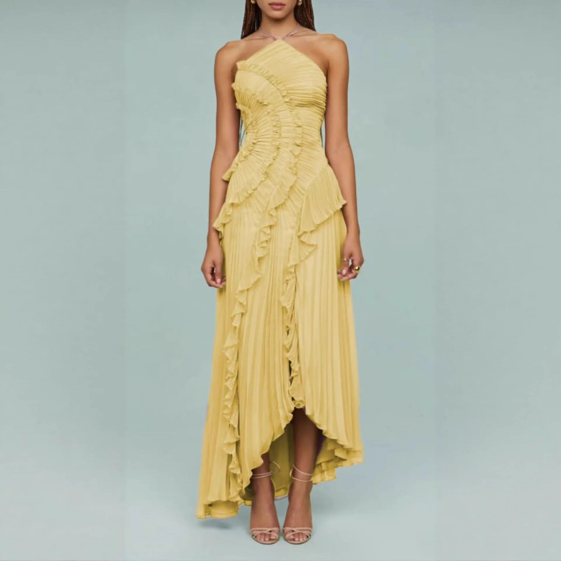Women's summer high-end halter sleeveless irregular lace slit dress
