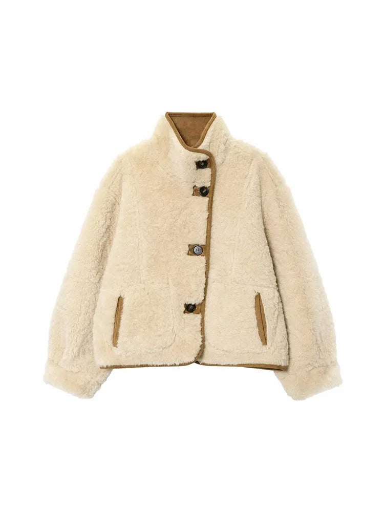 Women 2026 Double-Sided Wear Lamb Velvet Coat Women's Fashion Stand Collar Single Breasted Pocket Short Jacket Lady Outerwear