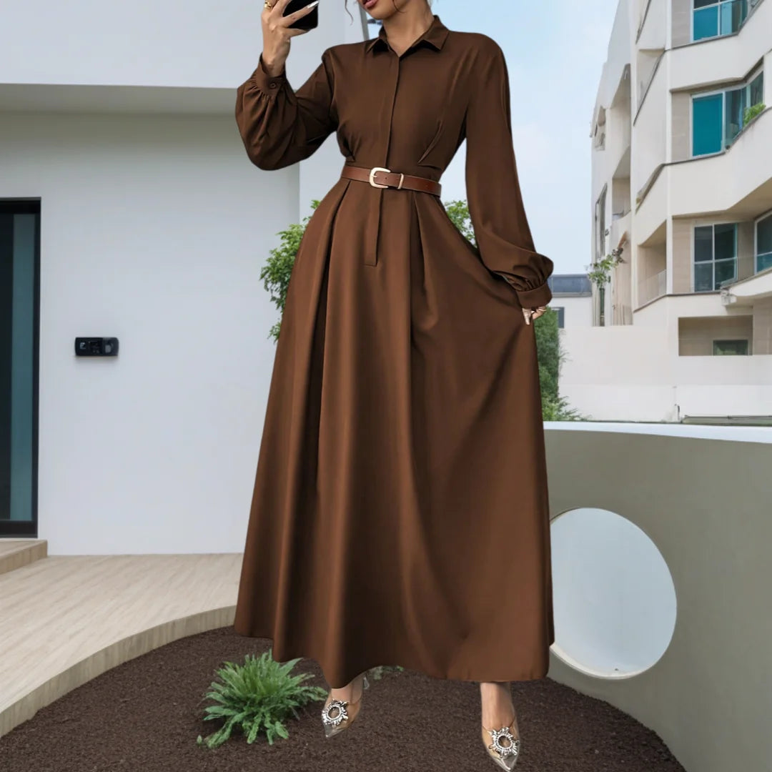 Women's Elegant Long Lantern Sleeve Office Dress Fashion Pleated A-Line Maxi Dresses Autumn 2026 Casual Long Shirt Vestidos