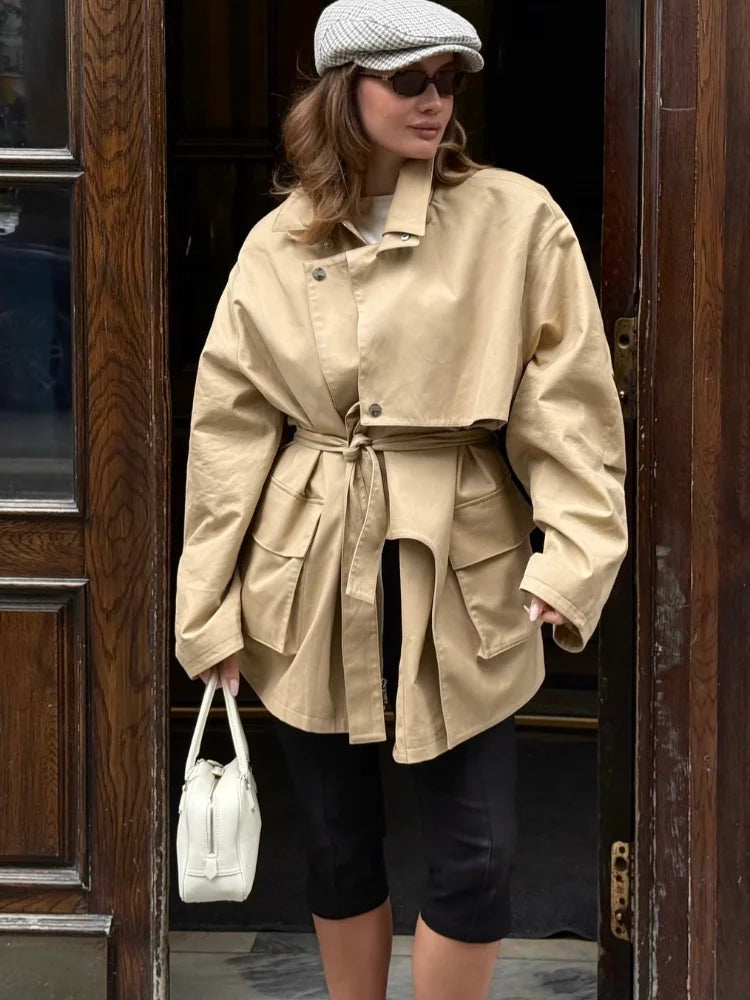 Single Breasted Khaki Belt Trench Coat Women Elegant Lapel Long Sleve Pockets Windbreaker Jacket Autumn Lady Daily Street Jacket