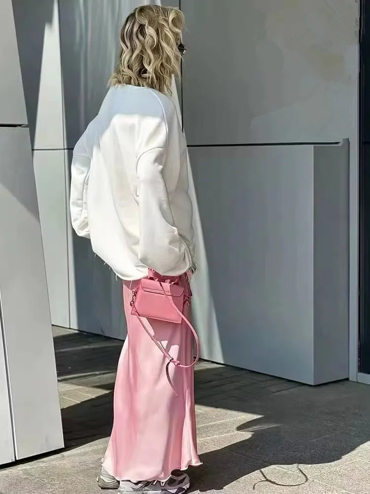 2024 New Pink Midi Skirts Women Fashion Elastic Waist Black Skirt Autumn Casual High Waist Satin Long Skirt Women's Chic Skirts