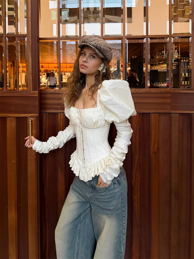 Spring Elegant Fishbone Pleated Shirt Women French Square Neck Puff Long Sleeves Backless Slim Blouses 2026 Lady Club Party Tops