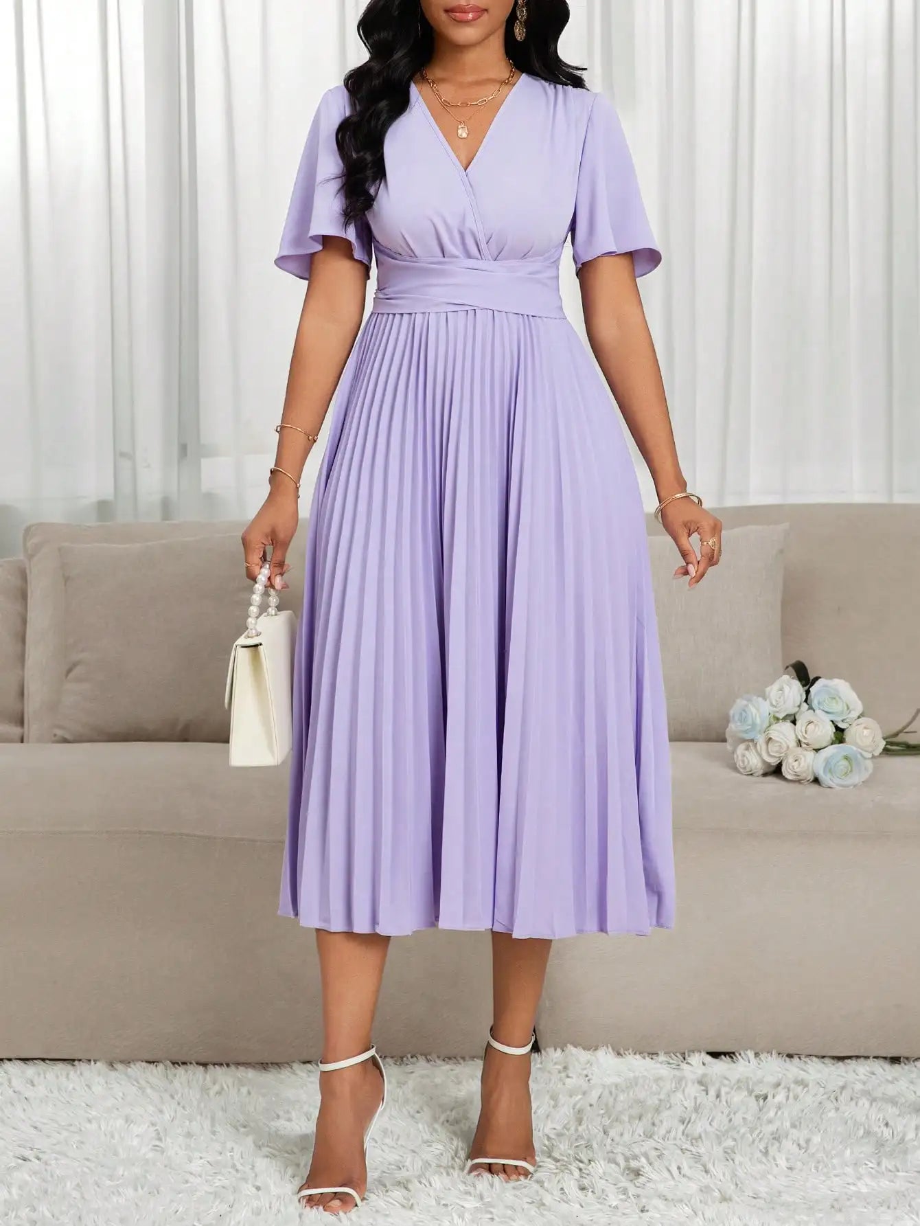 Lavender V-Neck Pleated Midi Dress with Flared Sleeves and Waist Tie