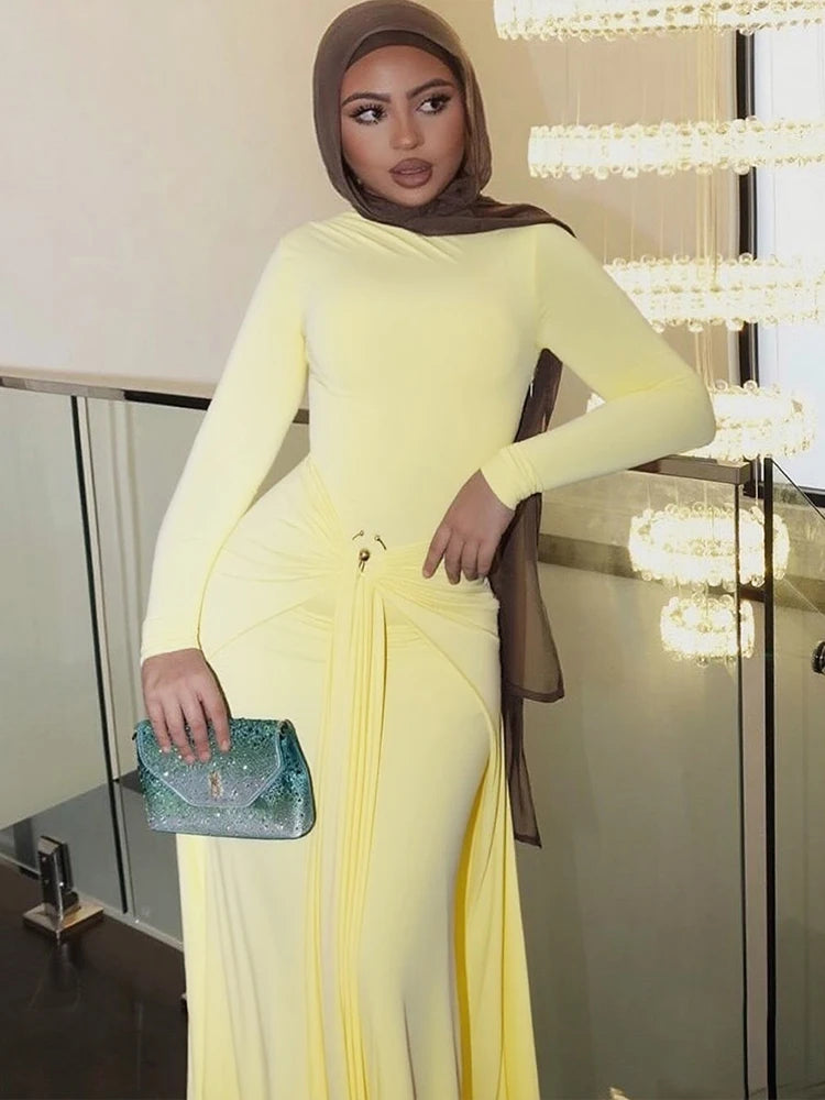 Weird Puss Ruched Elegant Maxi Dress Women Daily Casual Fashion Skinny Full Sleeve Solid Gown Midnight Prom Party Long Bodycon