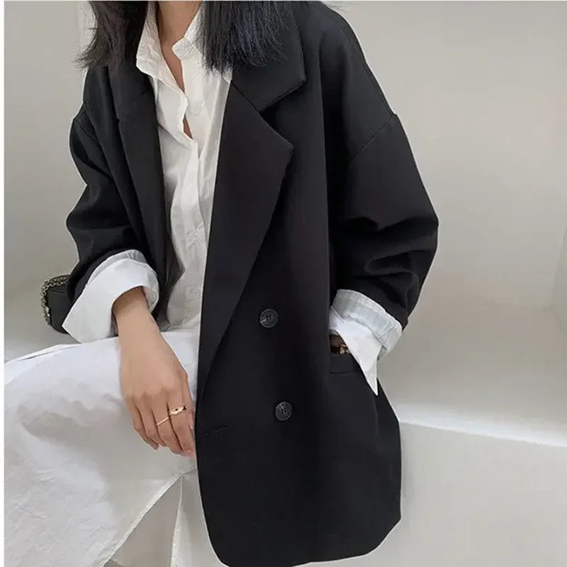 New 2026 Vintage Loose Women Solid Blazer Autumn Chic Double Breasted Female Long Sleeve Suit Jackets Stylish Ladies Blazers