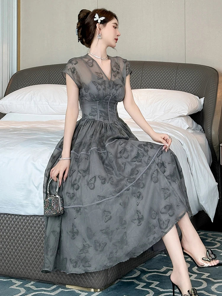 Women's French Retro Long Dress Fashion Grey Printed Short Sleeve Corset Large Swing Ball Gown Femme Party Banquet Vestidos