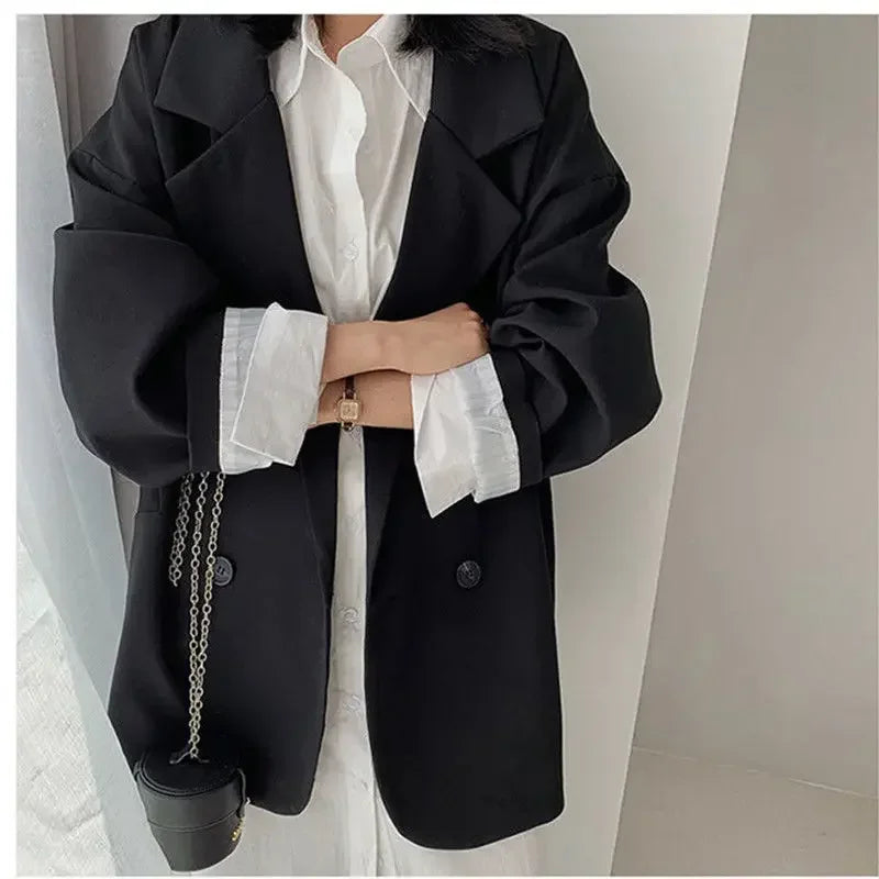 New 2026 Vintage Loose Women Solid Blazer Autumn Chic Double Breasted Female Long Sleeve Suit Jackets Stylish Ladies Blazers