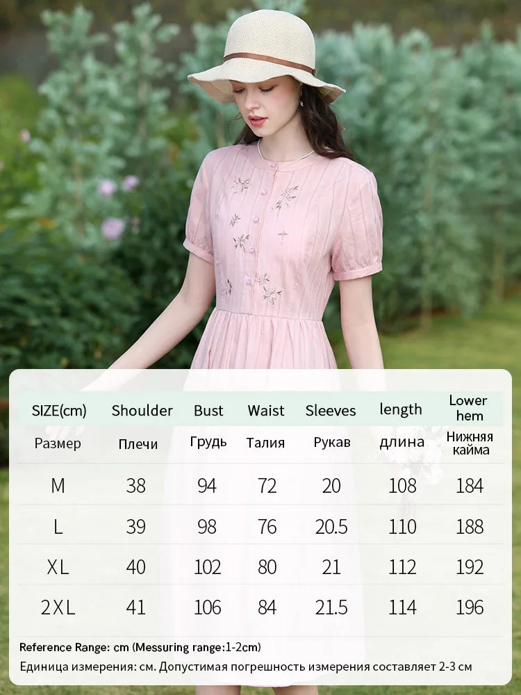 I BELIEVE YOU Women Dresses 2026 Summer Pink Embroidery Short Sleeve New Elegant Retro Slim Midi A-Line Chic Dress 2242055682