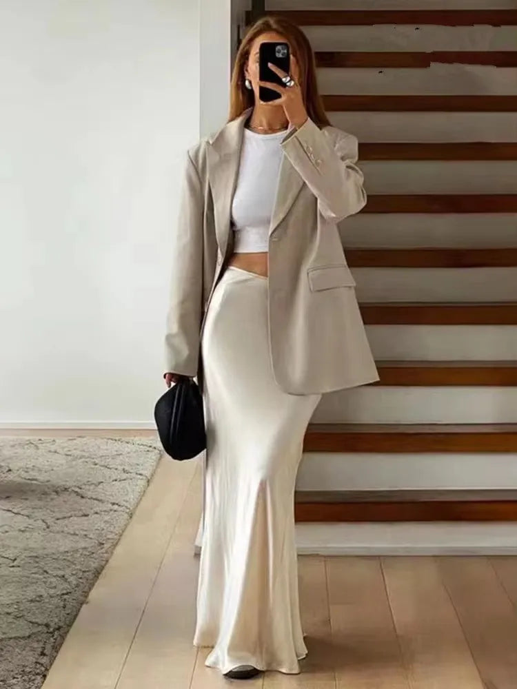 2024 New Pink Midi Skirts Women Fashion Elastic Waist Black Skirt Autumn Casual High Waist Satin Long Skirt Women's Chic Skirts