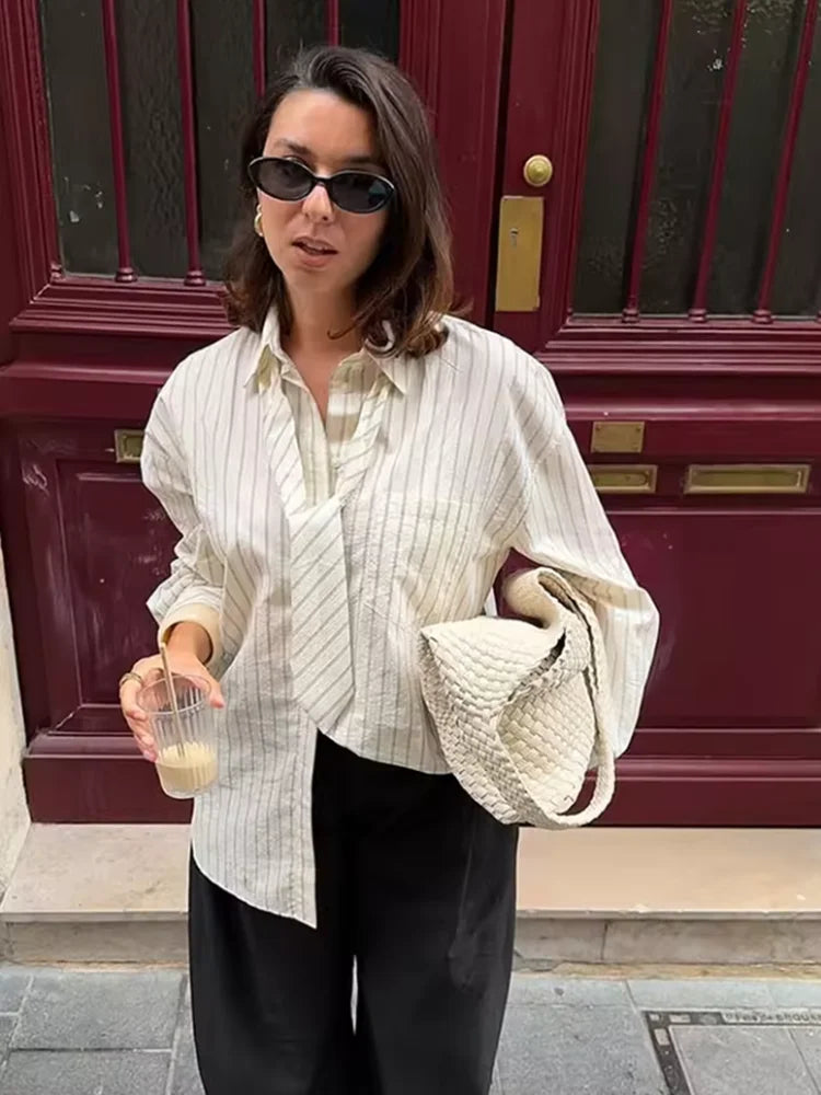 Striped Tie Shirt Women Long Sleeve Lapel Single Breasted Oversized Shirts Female 2026 Fashion New Spring Outwear Lady Tops