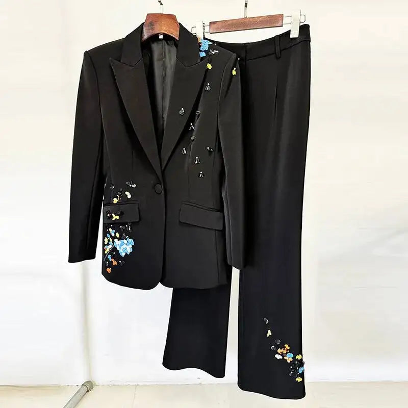Luxury 2026 Spring Color Sequins Two Piece Matching Set Women's Full Sleeve Blazers Long Pants 2pcs Formal Occasions Suit Coats