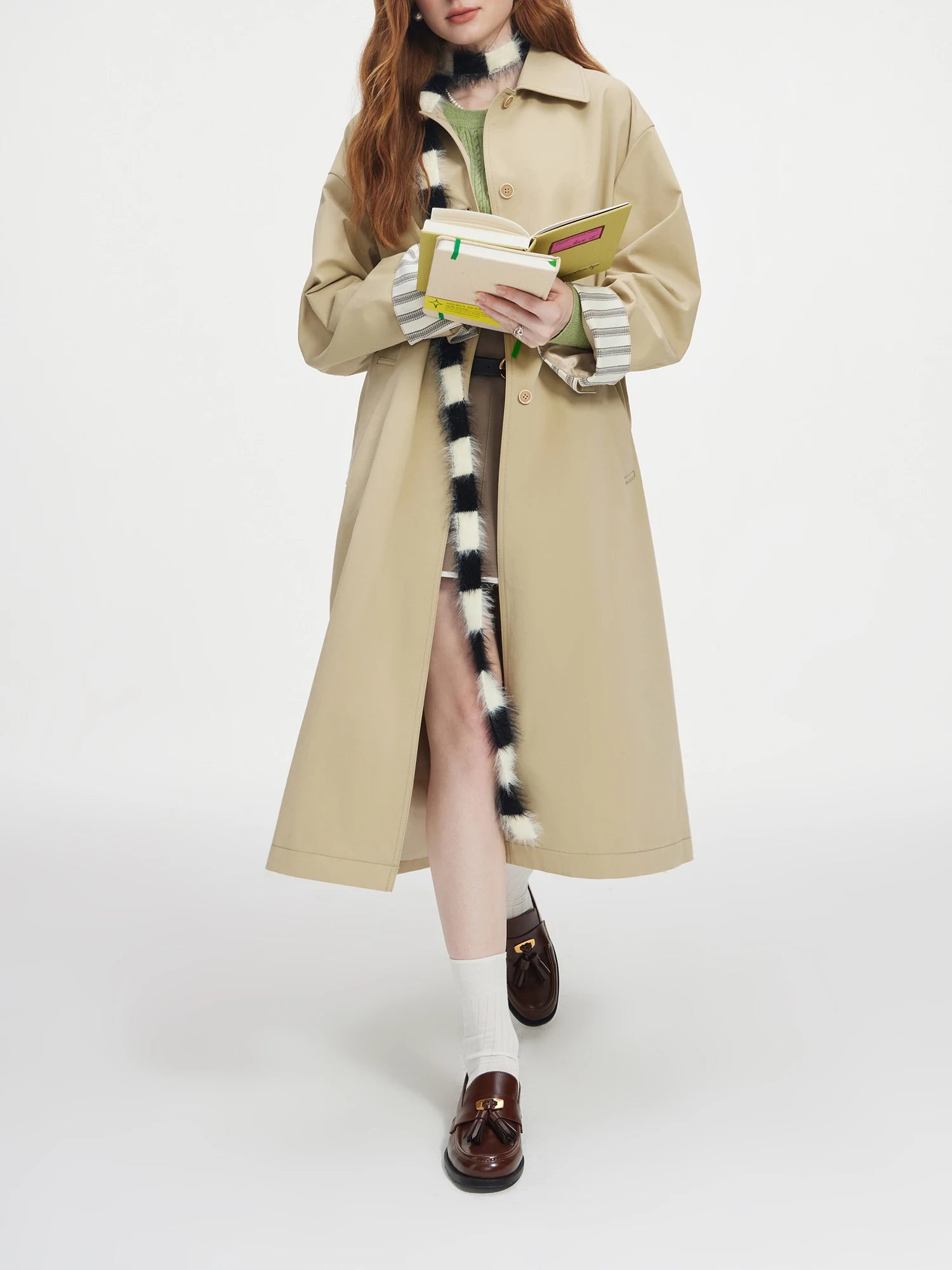 FSLE Single Breasted Trench Coat for Women 2026 New Korean Version Design Sense Contrasting Color Medium Long Jacket 24FS13181