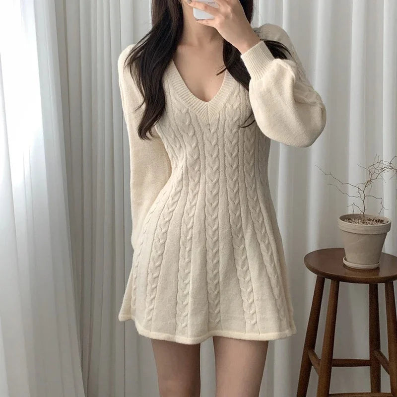 ITOOLIN V Neck Elegant Knit Dress Women Sexy Slim Lantern Sleeve Sweet Mini Dress Korean Fashion Casual Female A Line Dress Fall