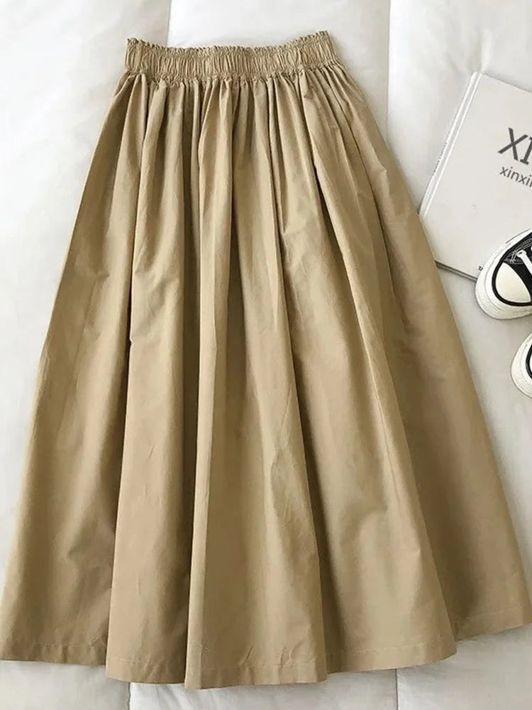 NEW Women's White Long Skirt High Waist A-Line Knee-Length Fashion Pockets Pleated Casual Elegant Skirts for Autumn