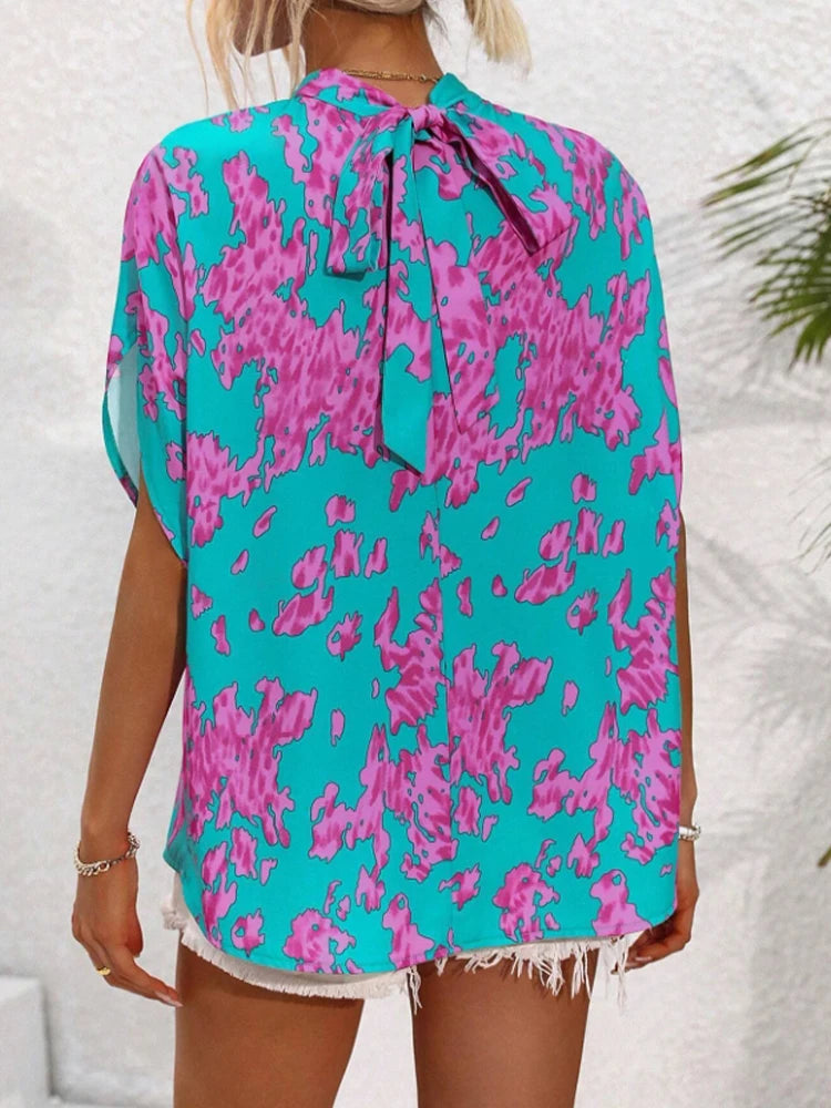 Spring Summer Women's Random Print Stand Collar Batwing Sleeve Short Sleeve Shirt Casual Chic Top for Ladies