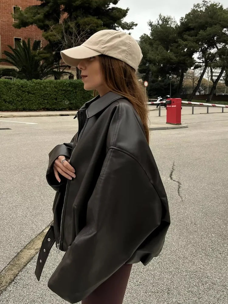 Casual Lapel Zipper Waist Belt Short Leather Jacket 2026 Women Loose Solid Pocket Pu Coat Autumn Lady Daily Highstreet Jackets