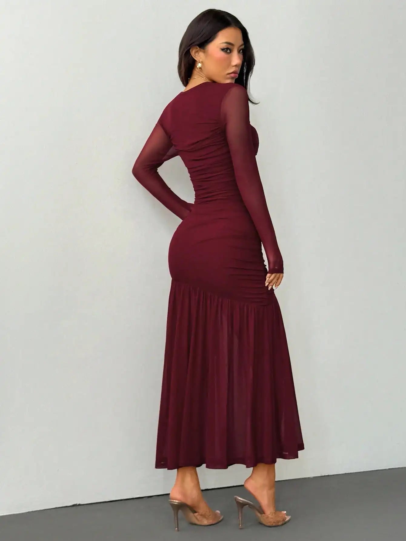 Burgundy Long Sleeve Round Neck Mesh Midi Dress with Ruched Bodice