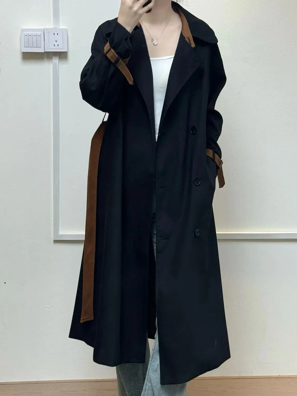 Autumn women's solid color mid-length trench coat