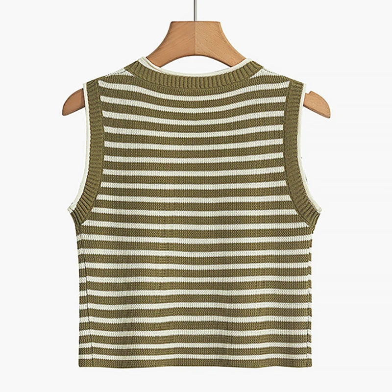 ITOOLIN Women Knitted Stripes O-Neck Tank Tops Female Sleeveless Casual Streetwear Crop Top Women Tops Spring Summer