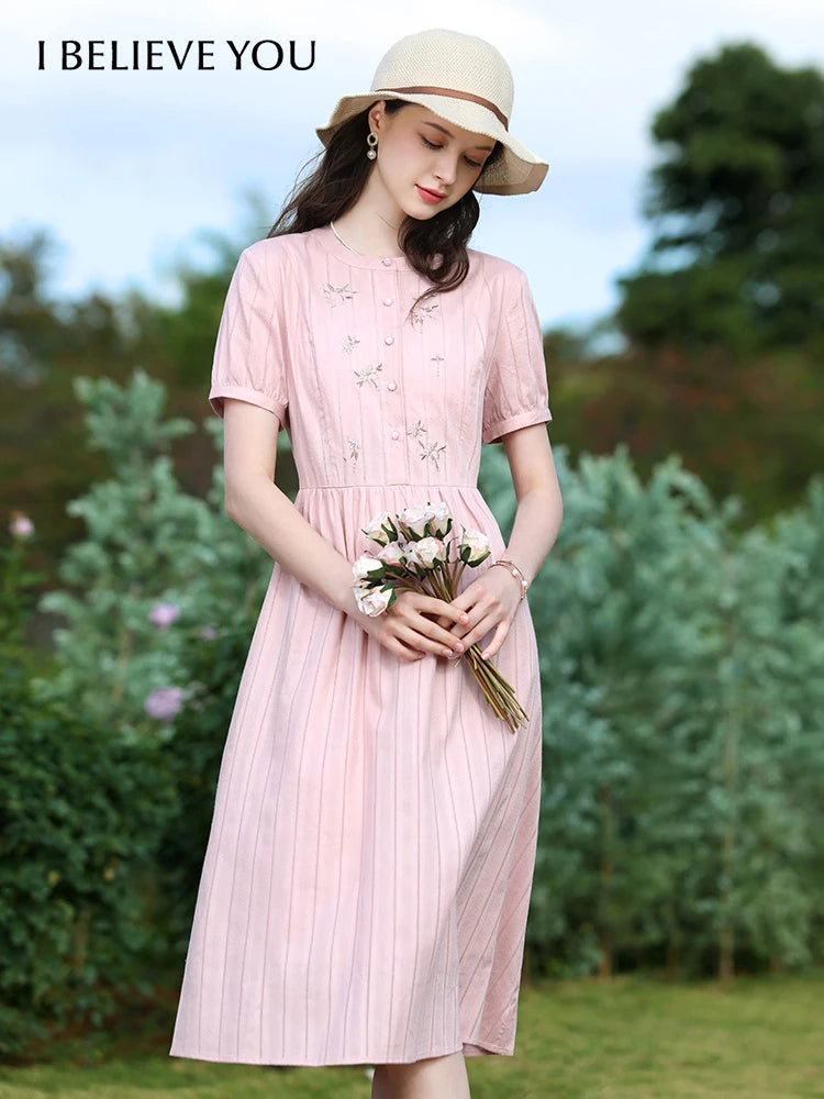I BELIEVE YOU Women Dresses 2026 Summer Pink Embroidery Short Sleeve New Elegant Retro Slim Midi A-Line Chic Dress 2242055682