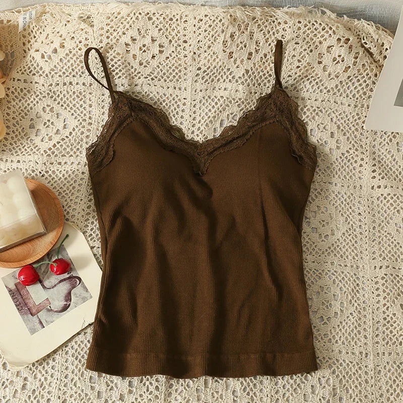 ITOOLIN Summer Women Solid Backless Tank Top With Bra Pad Lace Patchwork Spaghetti Sexy Crop Top Sweet Backless Cotton Camis Top