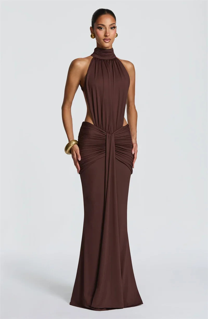 Turtleneck Backless Maxi Dress Women Gown Off-shoulder Sleeveless Ruched Bodycon Sexy Dress Female Pleated Club Party Long Dress