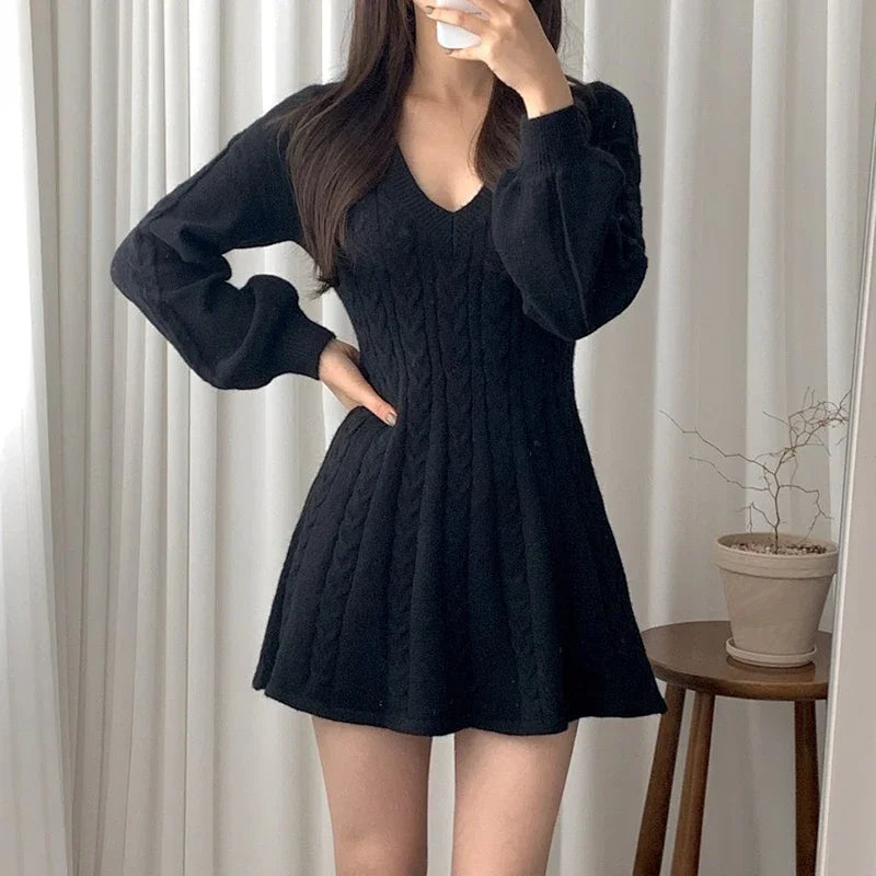ITOOLIN V Neck Elegant Knit Dress Women Sexy Slim Lantern Sleeve Sweet Mini Dress Korean Fashion Casual Female A Line Dress Fall