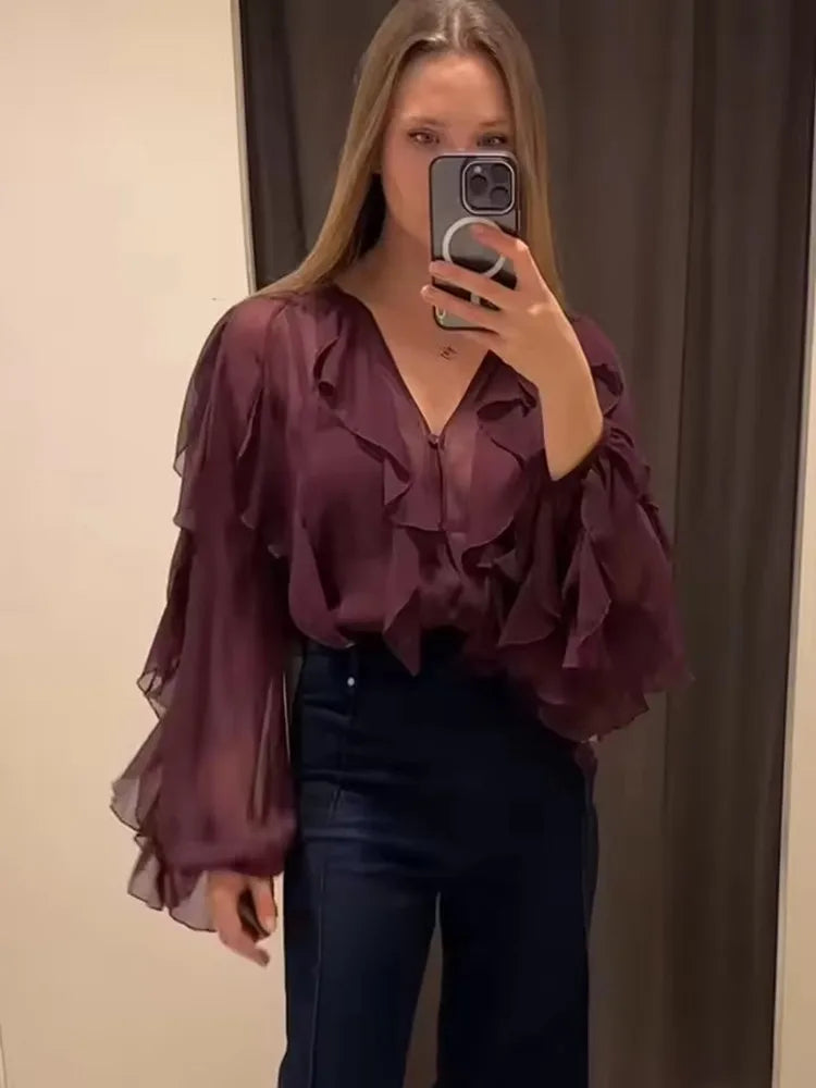 Translucent Layer Ruffle V-neck Loose Blouse Women's Burgundy Long Sleeved Gauze Shirts 2025 New Spring Casual Commute Tops
