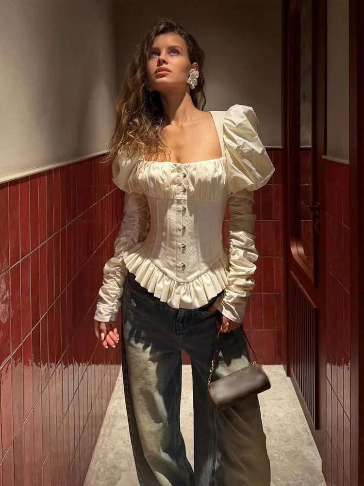 Spring Elegant Fishbone Pleated Shirt Women French Square Neck Puff Long Sleeves Backless Slim Blouses 2026 Lady Club Party Tops