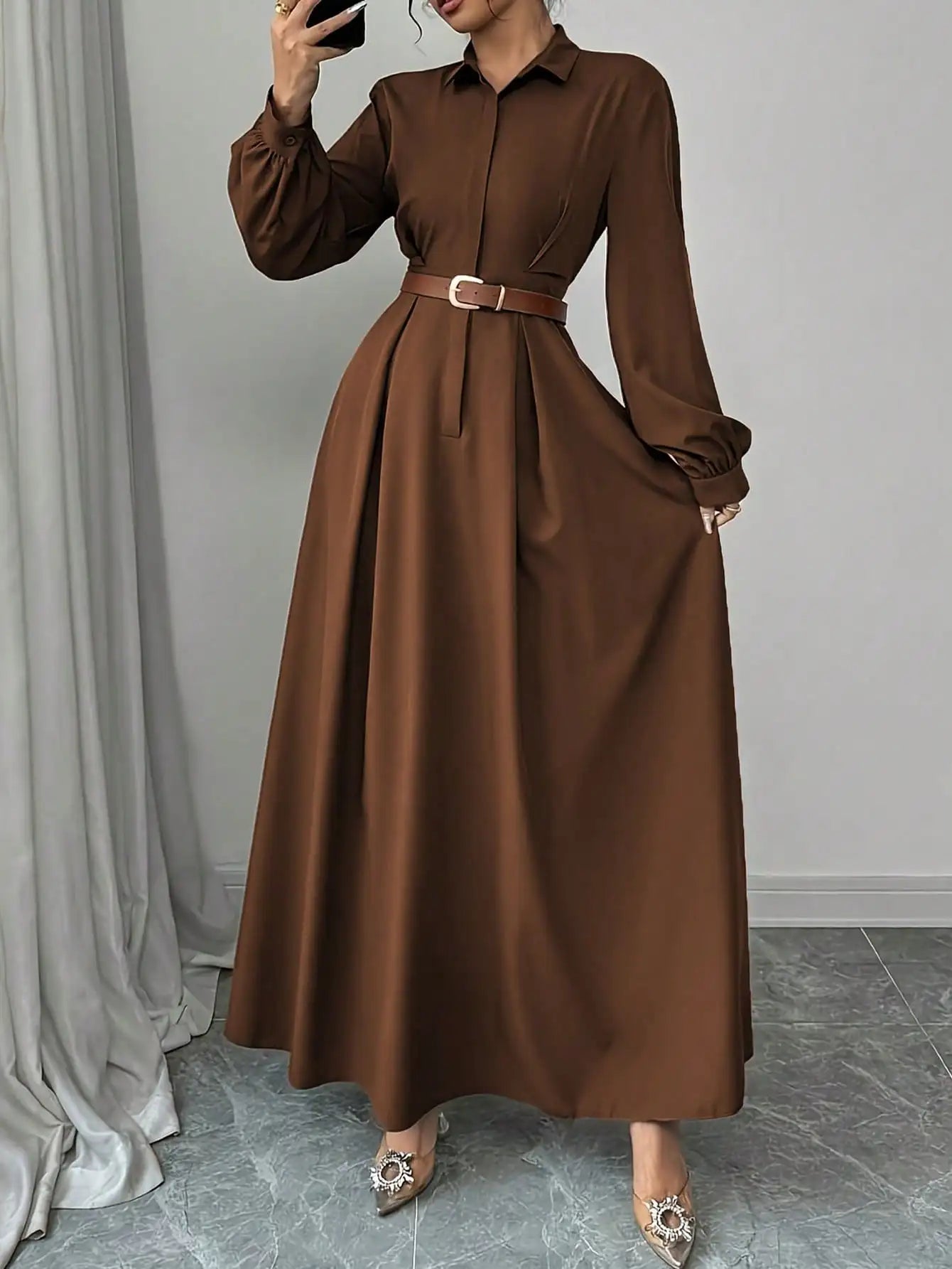 Women's Elegant Long Lantern Sleeve Office Dress Fashion Pleated A-Line Maxi Dresses Autumn 2026 Casual Long Shirt Vestidos