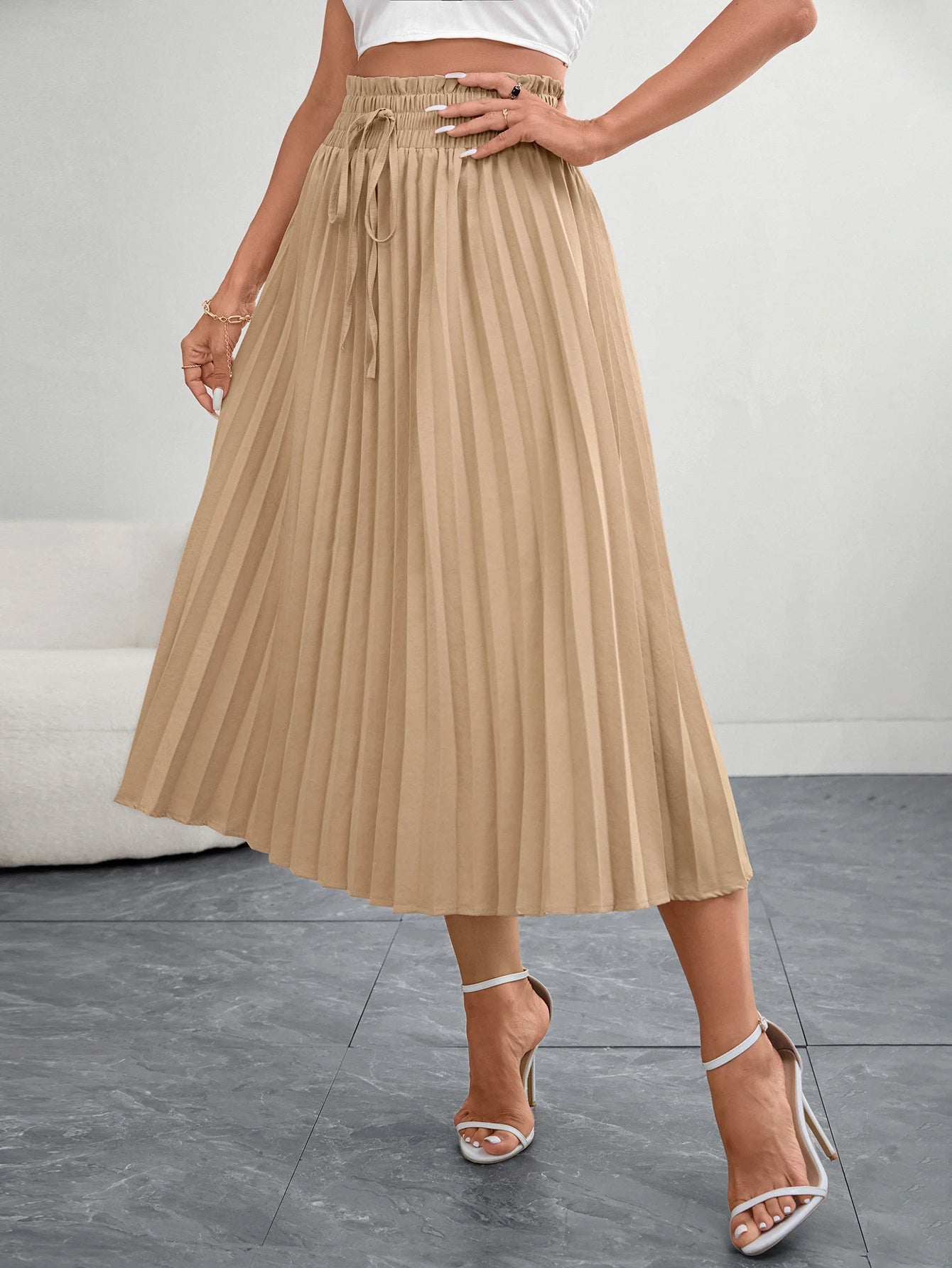 Women's Beige Pleated Midi Skirt Elegant a Line Half Skirt with Elastic Waistband Perfect for Office Wear