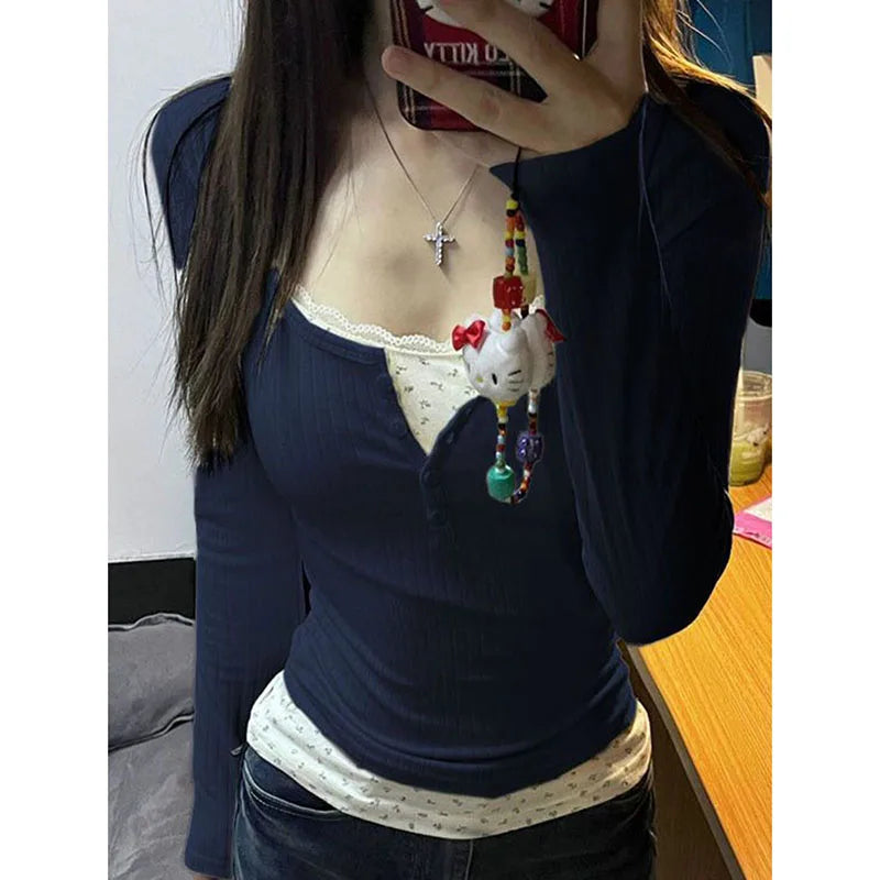 Xpqbb Women Streetwear Fake Two Pieces T-shirt Y2k Aesthetic Grunge Patchwork Lace Tees Female Fall Winter Slim Bottoming Tops