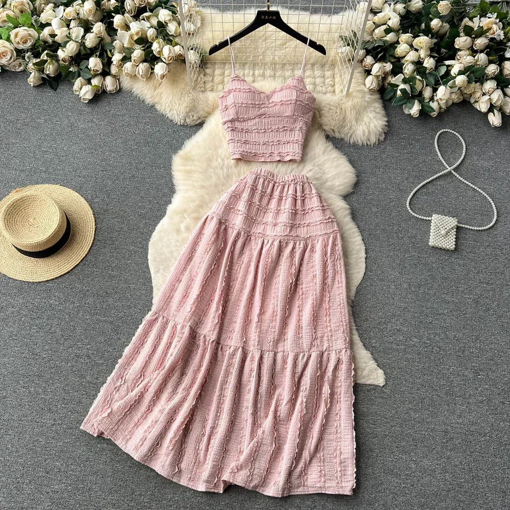 ITOOLIN Women Sexy Camisole+A Line Long Skirt Fashion Elastic Bohemian Suits Woman Summer Lace Patchwork Beach Two Pieces Sets