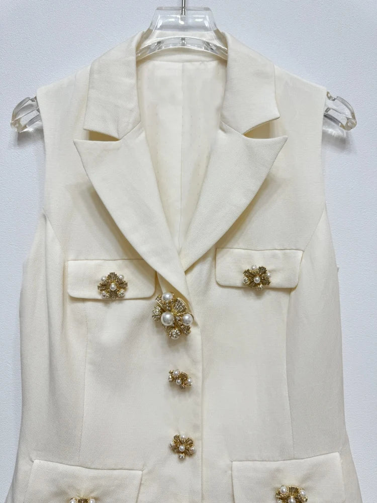 Summer Holiday Two Piece Shorts Sets Women Sleeveless Jacket Wide Legs Shorts Pants Suits Pearl Flower Button Blazer Office Lady