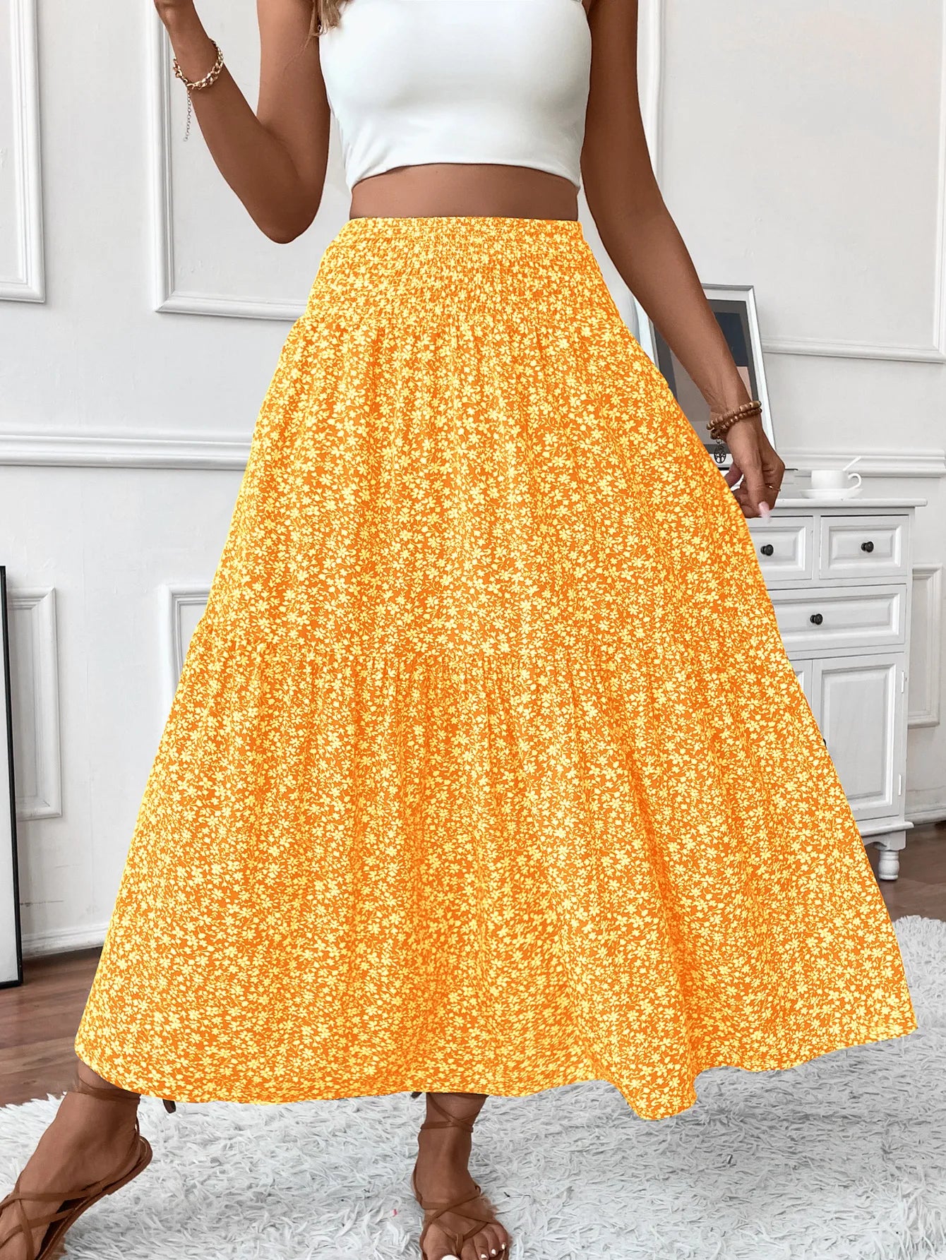 Women's High Waisted Floral Tiered Maxi Skirt Elegant A-Line Flowy Long Skirt with Elastic Waist Perfect for Summer Wear