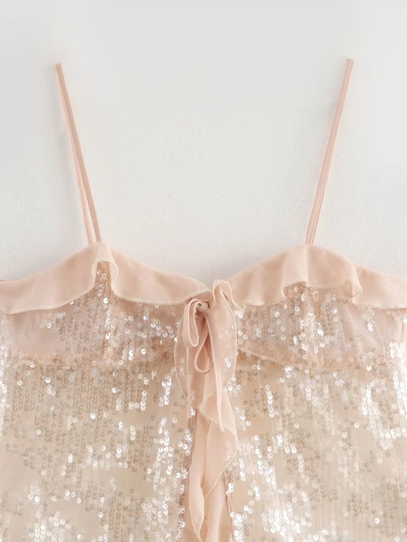 2025 Women Chic Pleat Ruffles Sequined Design Chiffon Sling Camis Tank Top Lady Backless Short Crop Shirt Blouse Tops Clothes