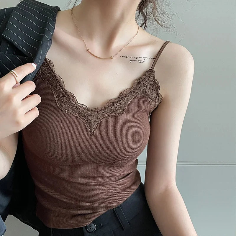 ITOOLIN Summer Women Solid Backless Tank Top With Bra Pad Lace Patchwork Spaghetti Sexy Crop Top Sweet Backless Cotton Camis Top