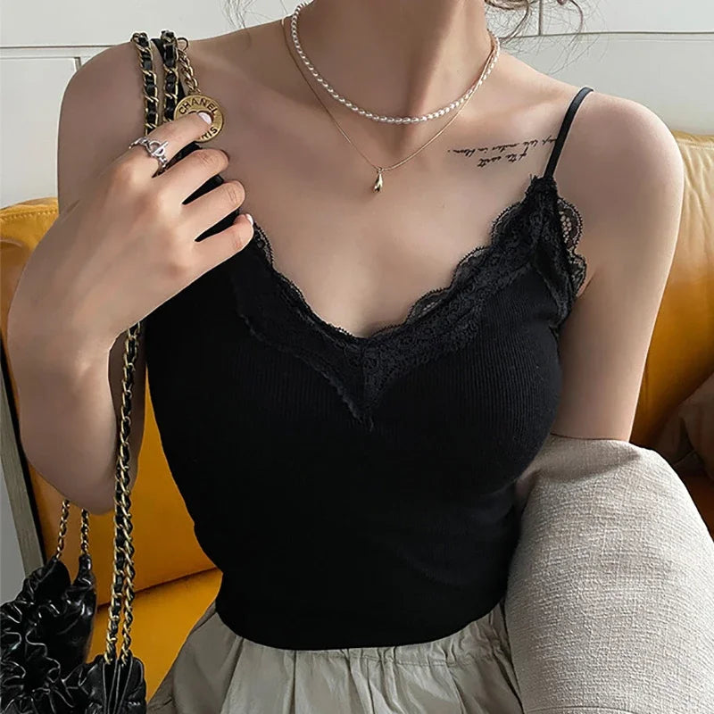 ITOOLIN Summer Women Solid Backless Tank Top With Bra Pad Lace Patchwork Spaghetti Sexy Crop Top Sweet Backless Cotton Camis Top