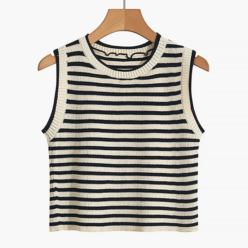 ITOOLIN Women Knitted Stripes O-Neck Tank Tops Female Sleeveless Casual Streetwear Crop Top Women Tops Spring Summer