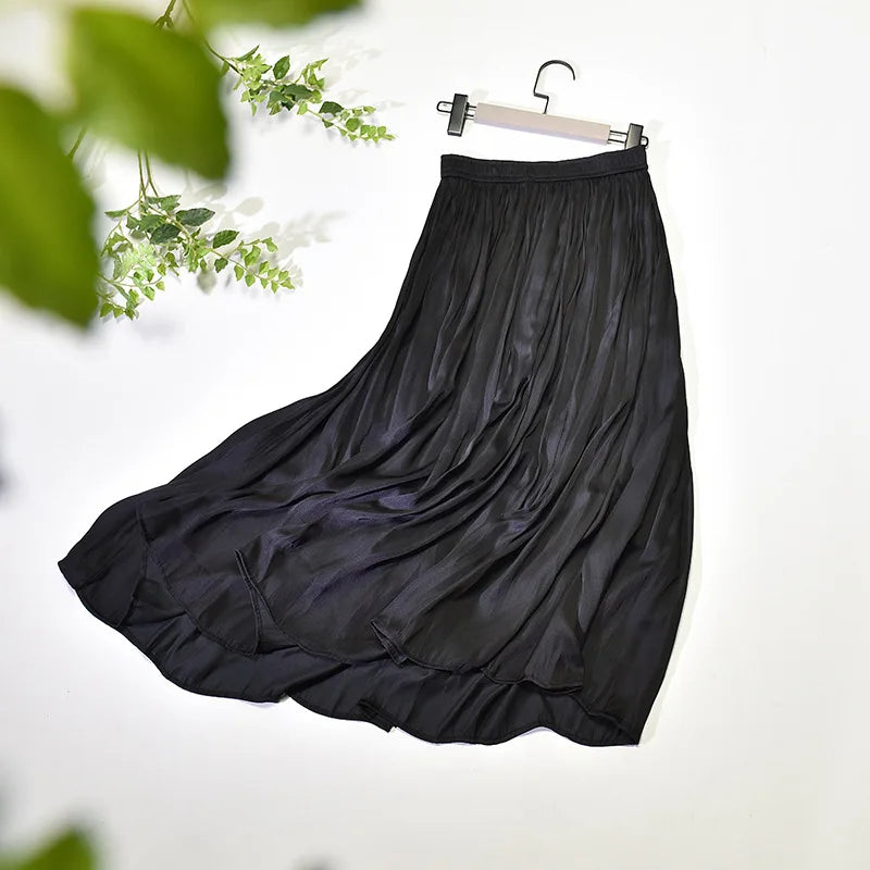 Summer Silky Skirt Elastic High Waist Glossy Silky Long Skirt Milk Silk A-line Long Skirts Women Beach Pearlescent Dress