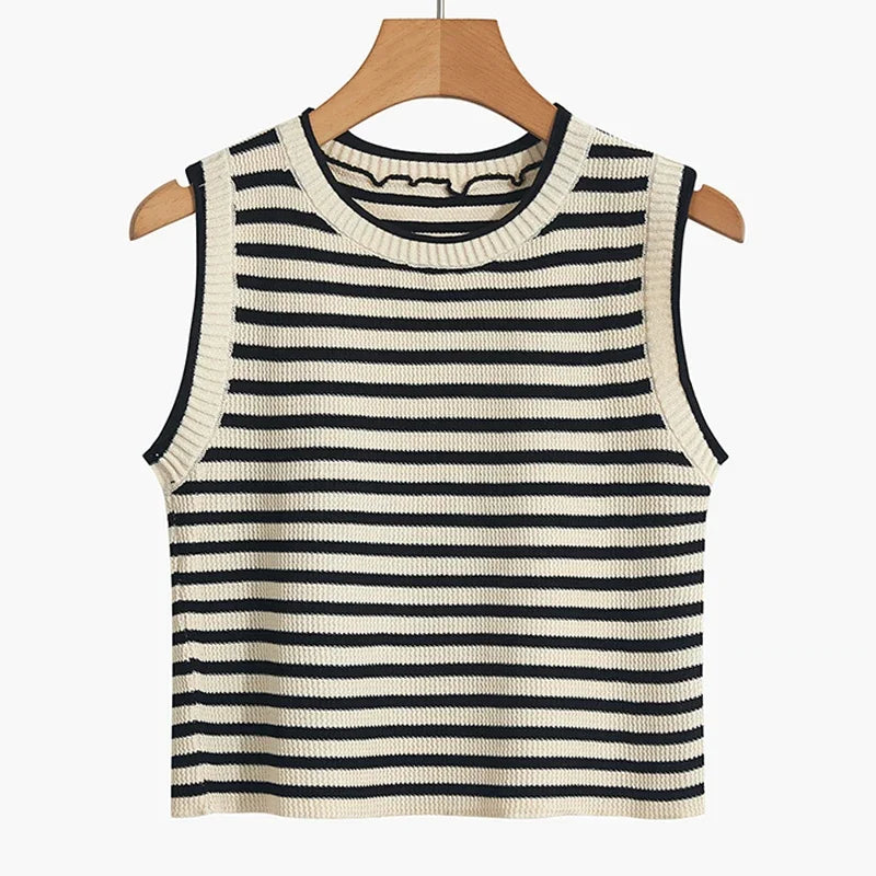 ITOOLIN Women Knitted Stripes O-Neck Tank Tops Female Sleeveless Casual Streetwear Crop Top Women Tops Spring Summer