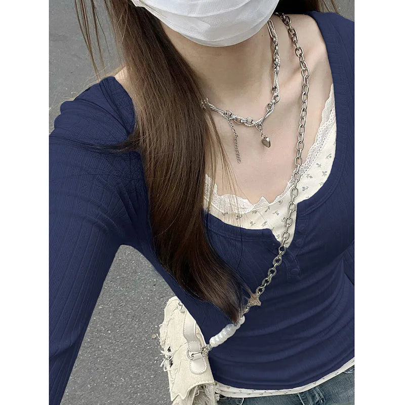 Xpqbb Women Streetwear Fake Two Pieces T-shirt Y2k Aesthetic Grunge Patchwork Lace Tees Female Fall Winter Slim Bottoming Tops