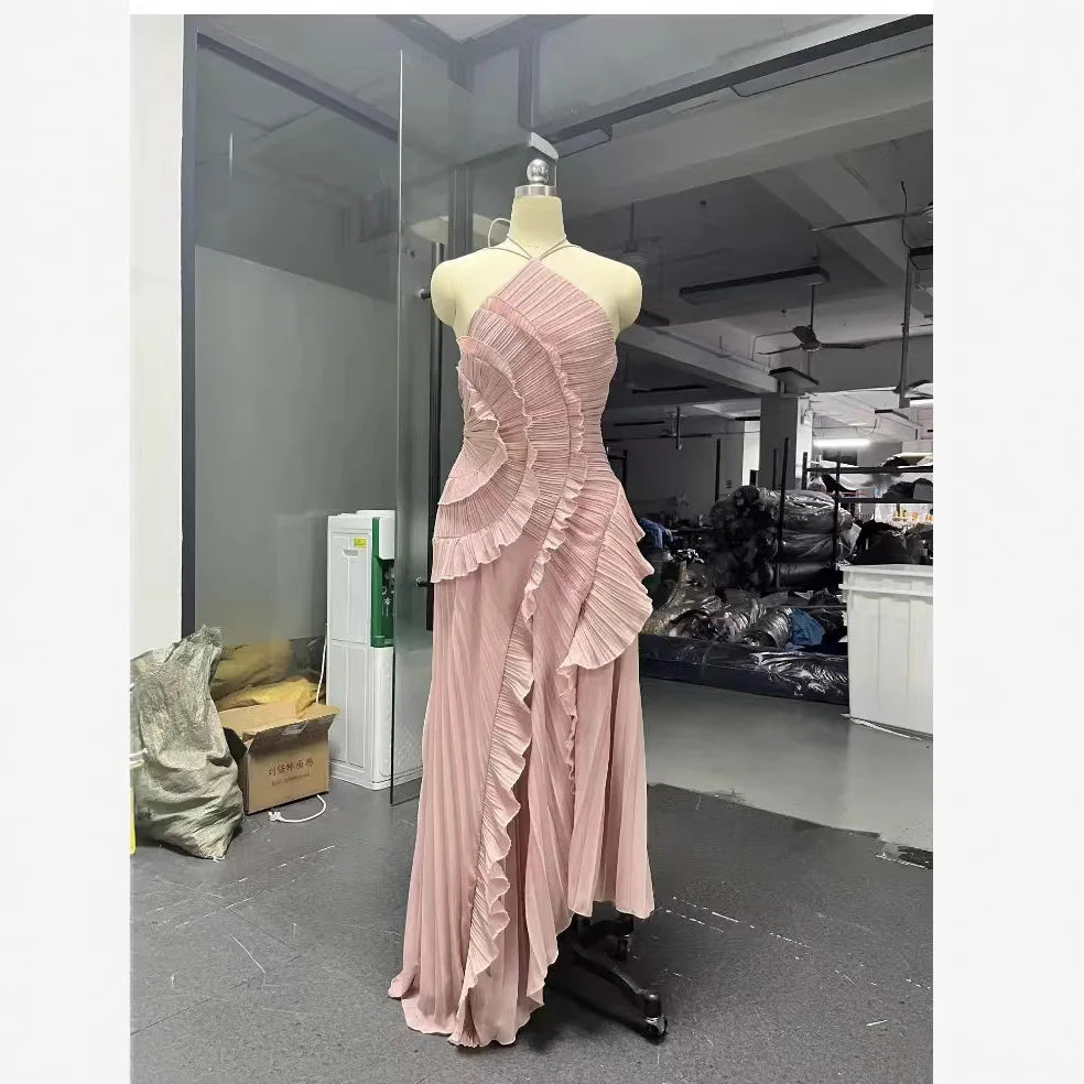 Women's summer high-end halter sleeveless irregular lace slit dress